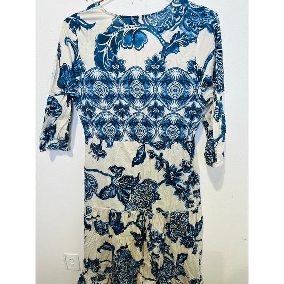 FIFTEEN TWENTY Blue Floral 100% Cotton V-Neck Tiered A-Line Dress Size Small - Picture 5 of 14